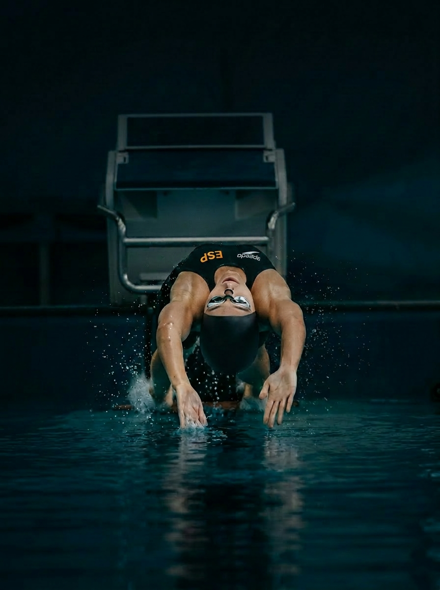 Swimmer crouched on starting block